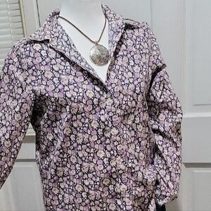 Chaps Women's No Iron Purple And Cream Floral Button Down Shirt Size L